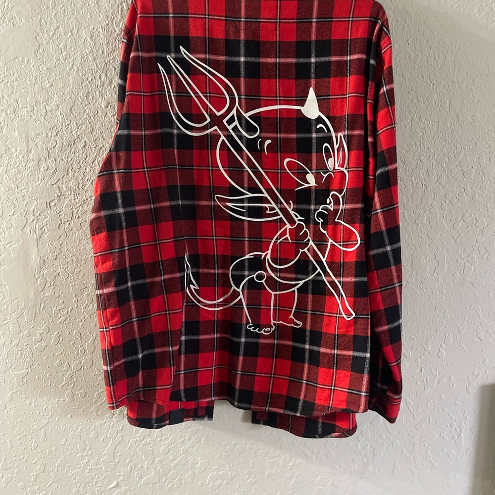 Cakeworthy Hot Stuff Plaid Red and Black Men's Casual Shirt with Graphic